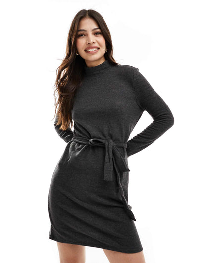 High Neck Knitted Mini Dress With Tie Waist
