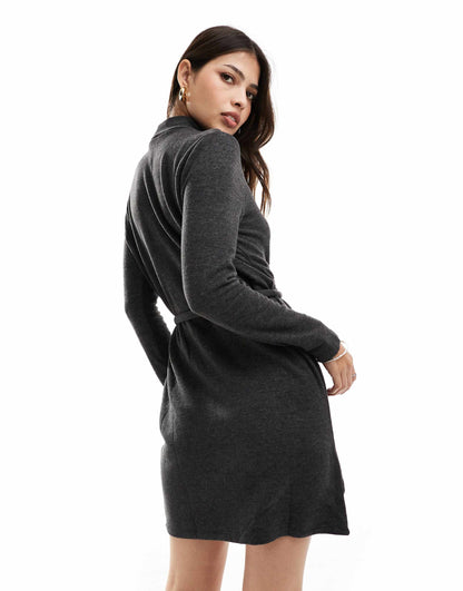 High Neck Knitted Mini Dress With Tie Waist