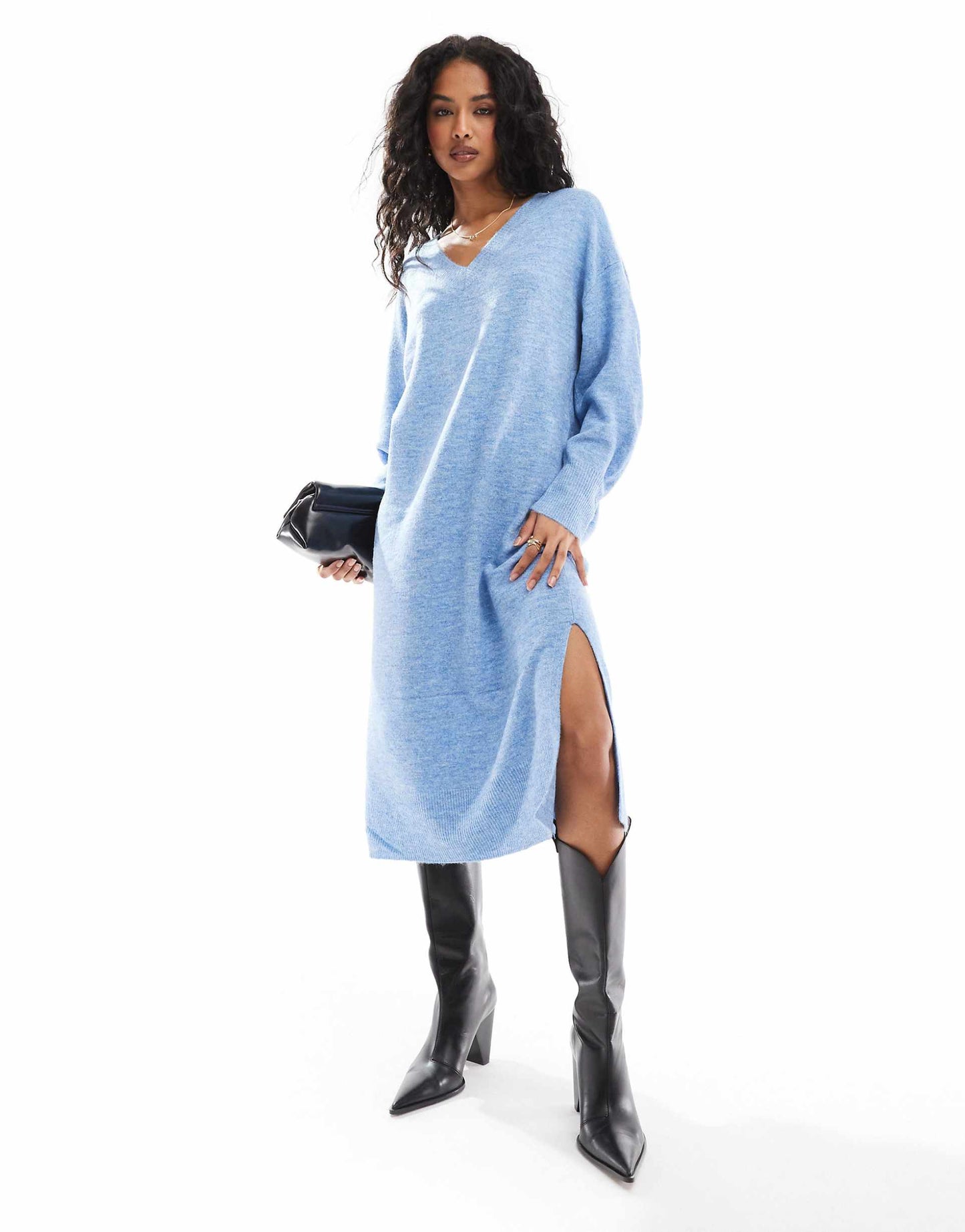 Oversized Knitted V Neck Midi Dress
