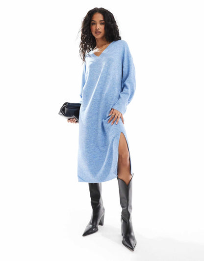 Oversized Knitted V Neck Midi Dress