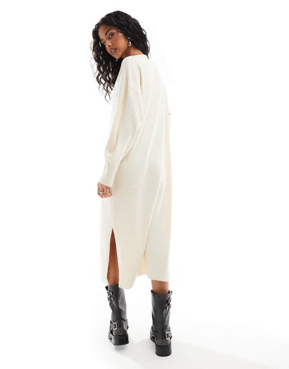 Oversized Knitted V Neck Midi Dress