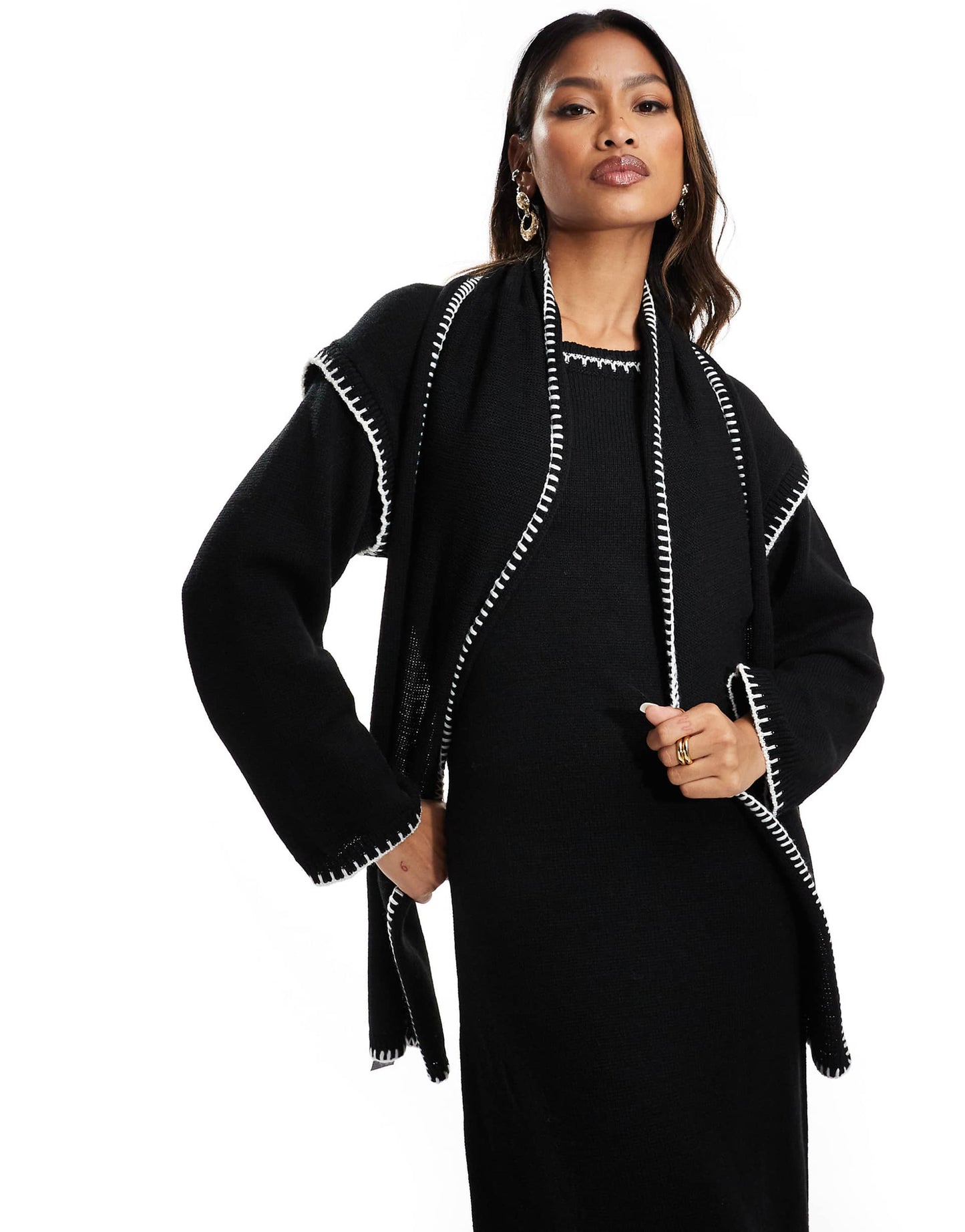 Contrast Stitch Scarf Detail Maxi Jumper Dress