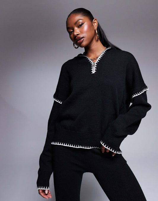 Zip Through Contrast Stitch Oversized Jumper Co-Ord