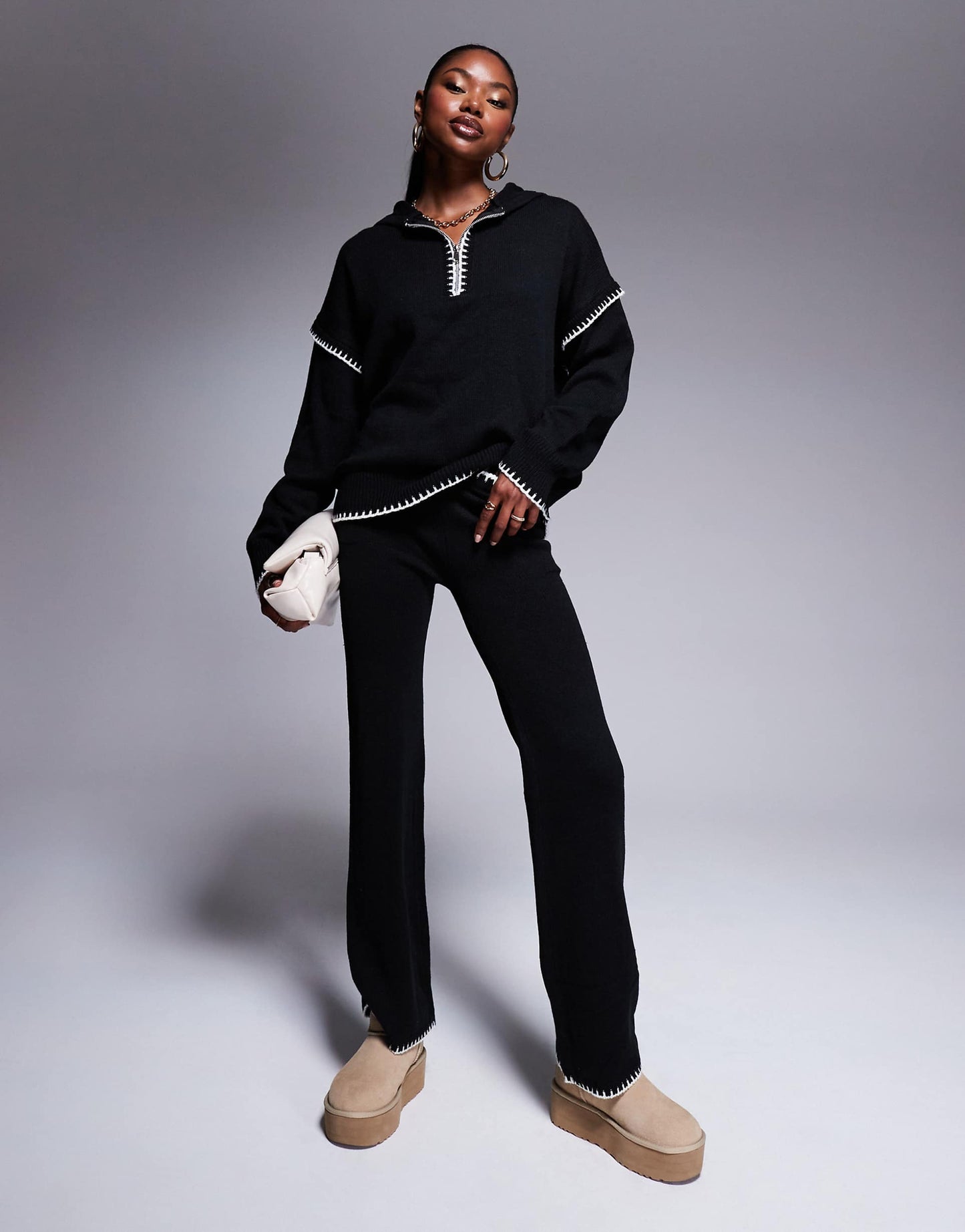 Zip Through Contrast Stitch Oversized Jumper Co-Ord