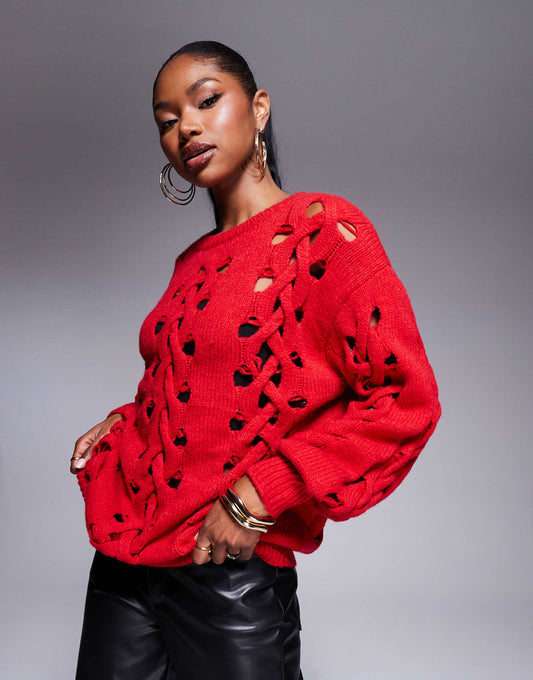 Plait Knit Balloon Sleeve Jumper