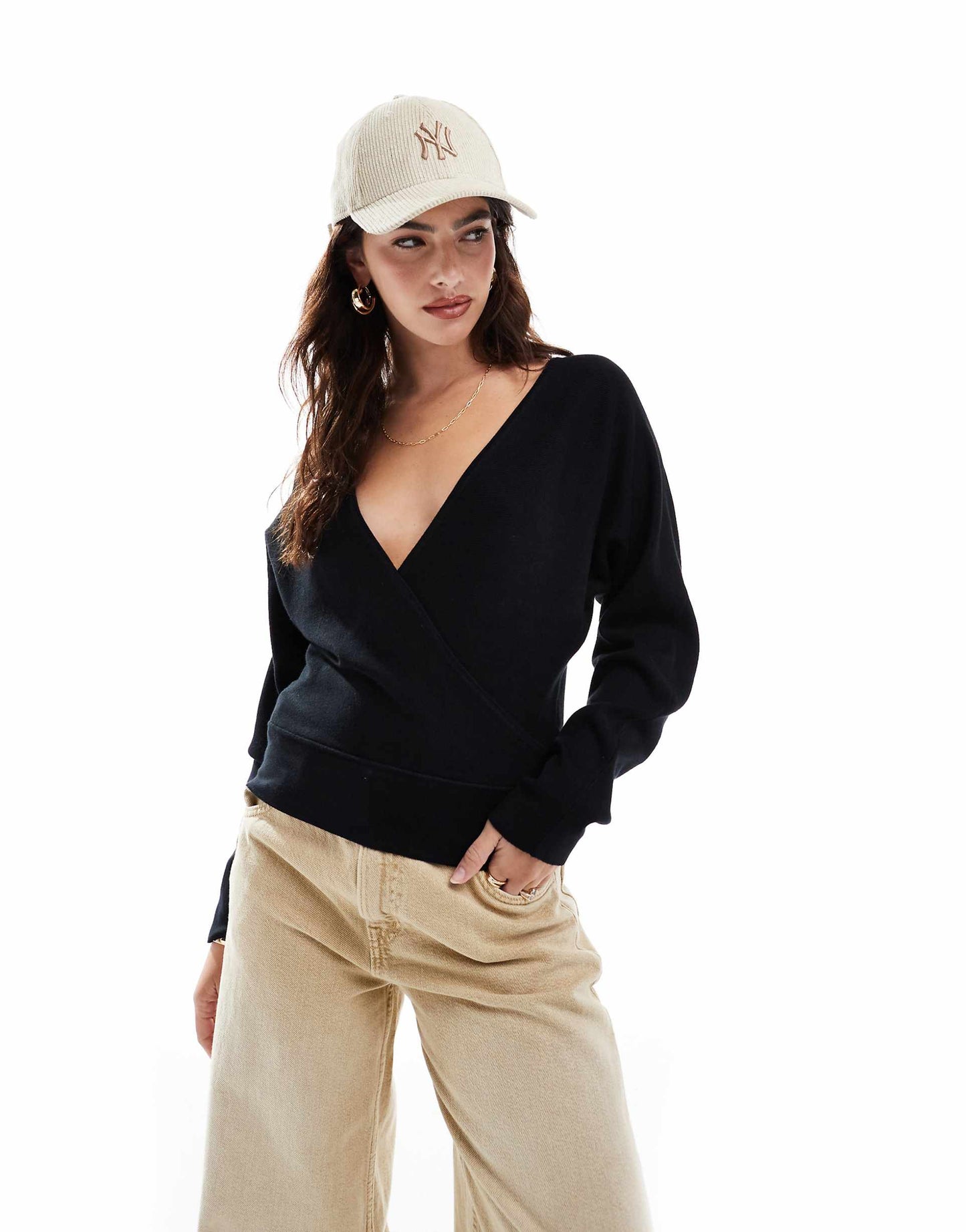 Low V-Neck Wrap Front Jumper