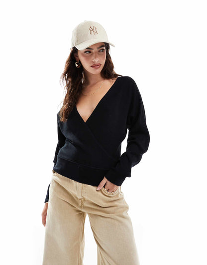 Low V-Neck Wrap Front Jumper