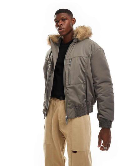 Padded Bomber With Faux Fur Hood