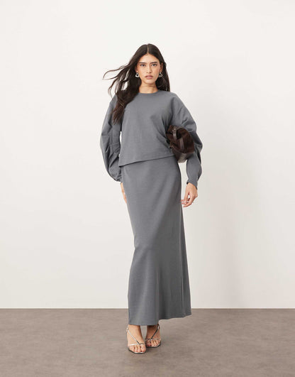 Premium Boxy Top With Pleat Sleeve Detail With Heavy Weight Textured Jersey Column Maxi Skirt Co-Ord