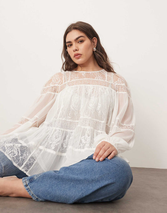 Curve Lace Detail Blouson Sleeve Top With Drawstring Detail