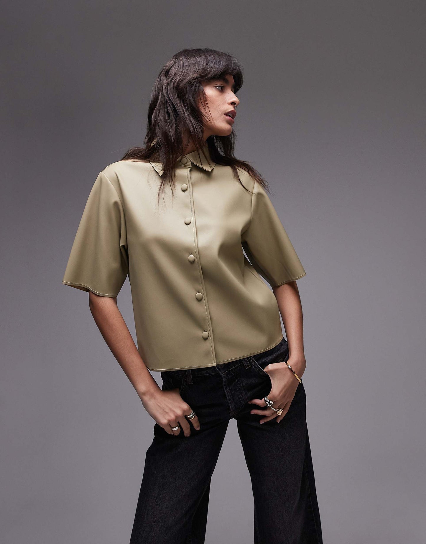 Faux Leather Short Sleeved Shirt