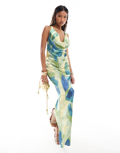 Stretch Satin Cowl Neck Maxi Dress