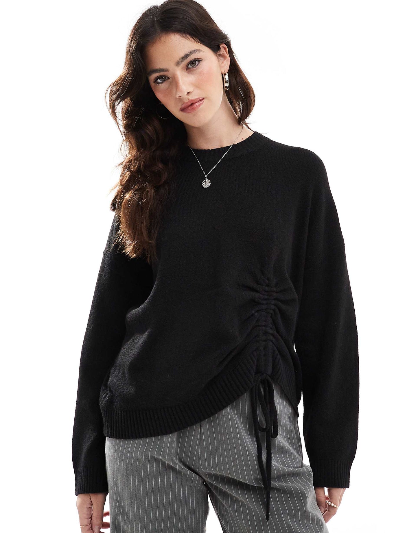 Crew Neck Jumper With Ruched Tie Front