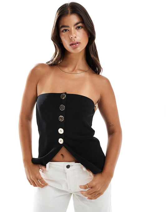 Gold Button Front Rib Bandeau Top