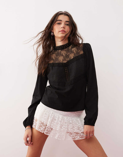 Lace Insert Pintuck Detail Blouse