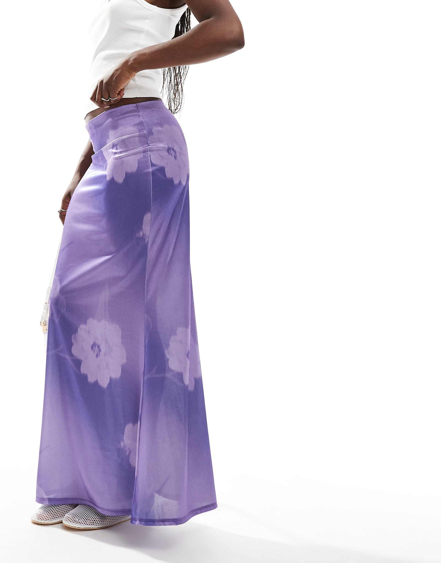 Stretch Satin Maxi Skirt With Lilac Ombre Floral Print