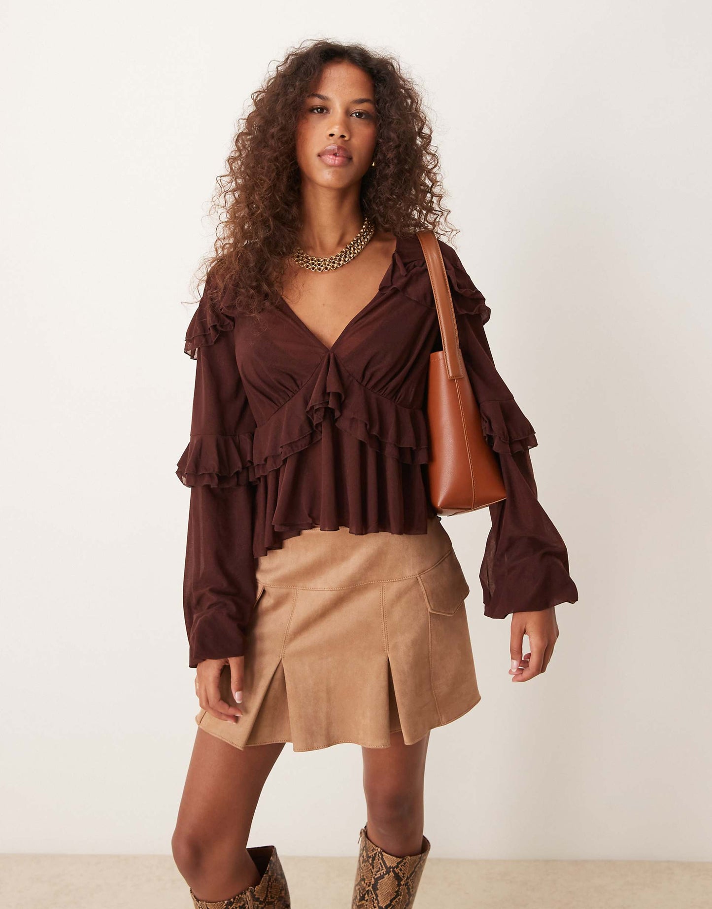 Ruffle Detail Mesh Blouse With Plunge Neck