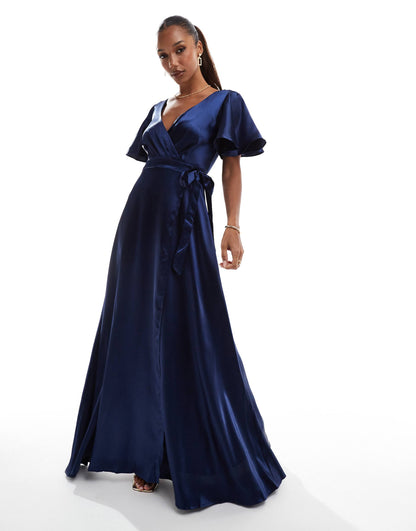 Flutter Sleeve Wrapover Satin Maxi Dress