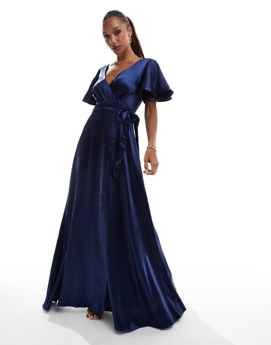 Flutter Sleeve Wrapover Satin Maxi Dress