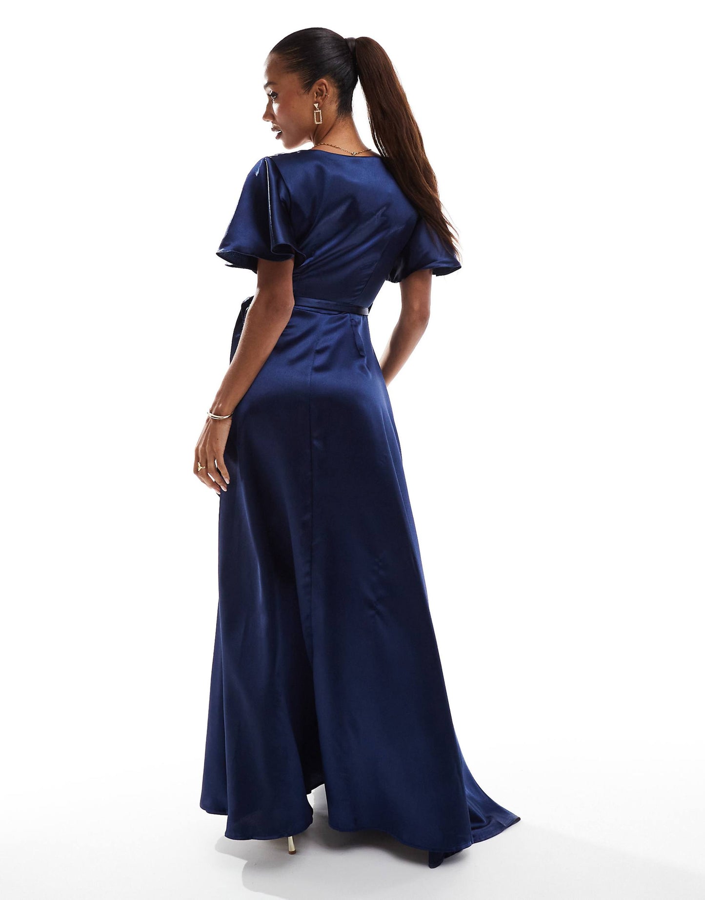 Flutter Sleeve Wrapover Satin Maxi Dress