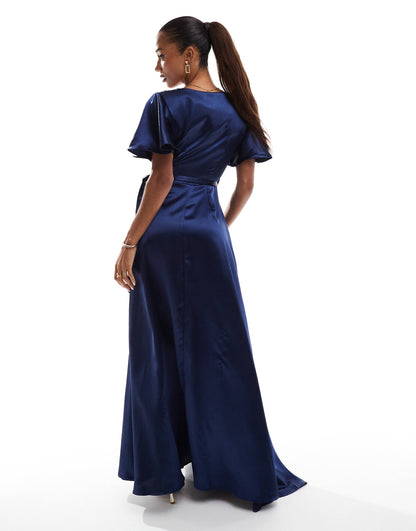 Flutter Sleeve Wrapover Satin Maxi Dress