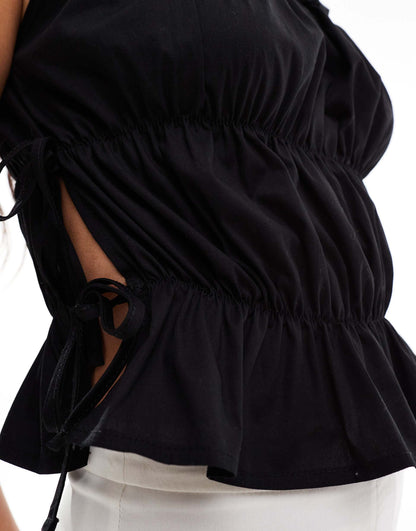 Poplin Shirred Tank Top With Tie Side