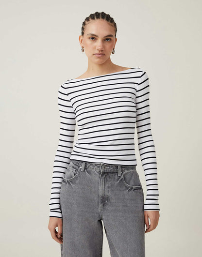 Staple Rib Boat Neck Long Sleeve Top