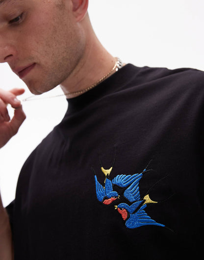 Oversized Fit Cropped T-Shirt With Swallow Embroidery