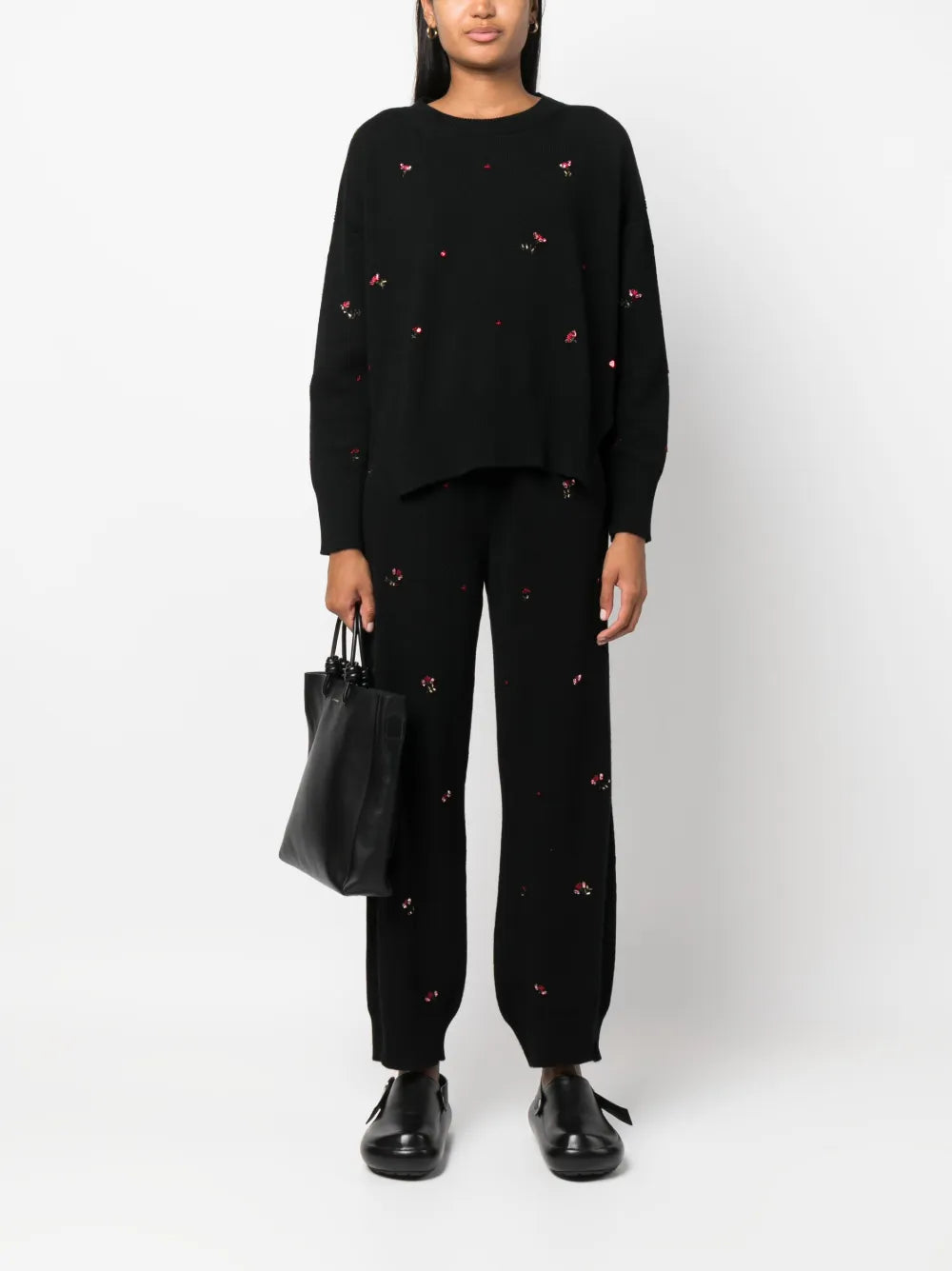 Floral-Embroidery Cashmere Trousers