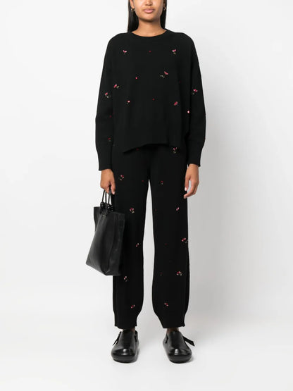 Floral-Embroidery Cashmere Trousers