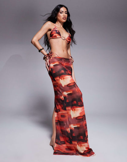 Abstract Print Mesh Maxi Beach Skirt