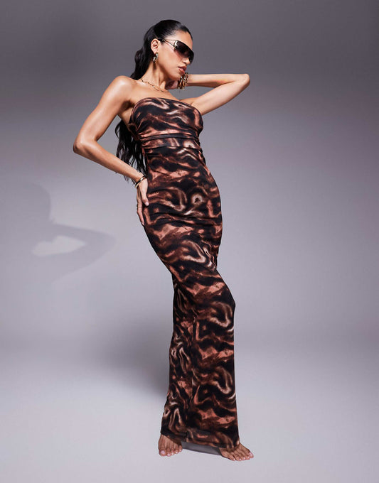 Abstract Print Lined Bandeau Mesh Maxi Beach Dress