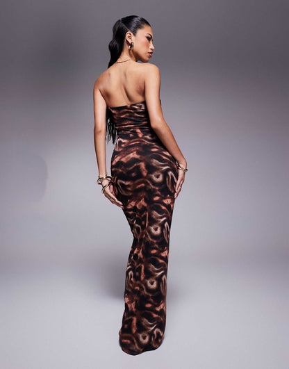 Abstract Print Lined Bandeau Mesh Maxi Beach Dress