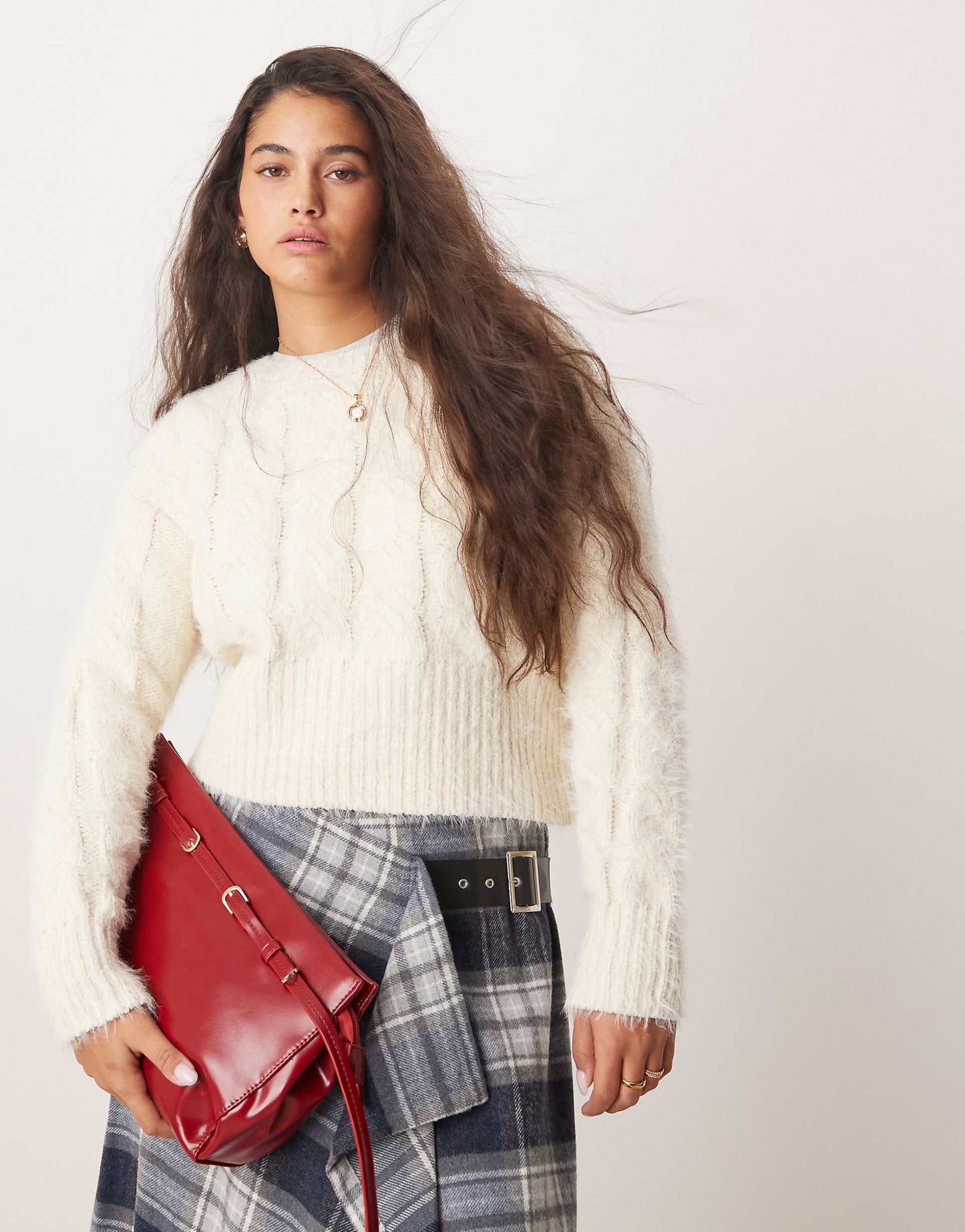 Cropped Fluffy Cable Knit Jumper
