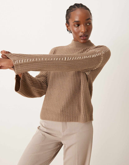 Knitted High Neck Jumper With Contrast Stitch Detail