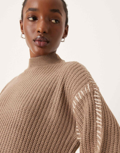 Knitted High Neck Jumper With Contrast Stitch Detail