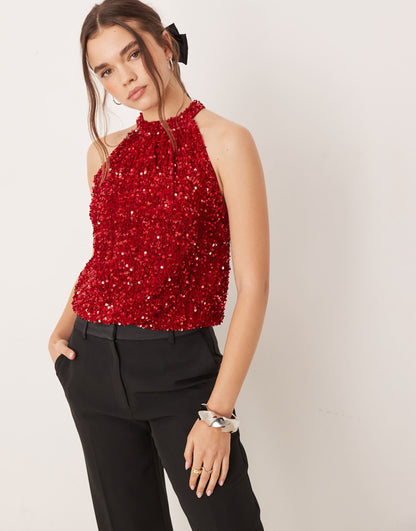 Sequin & Velour Halter Top