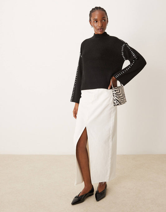 Knitted High Neck Jumper With Contrast Stitch Detail