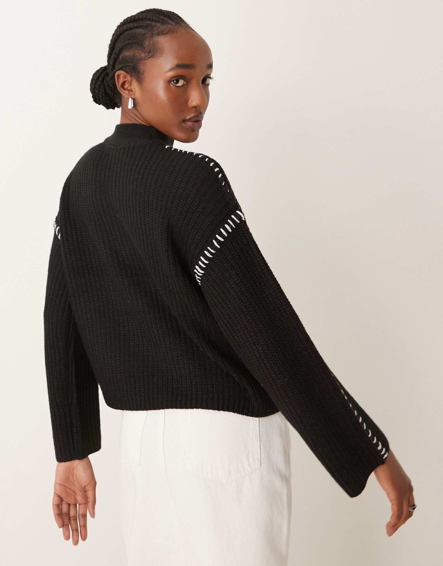 Knitted High Neck Jumper With Contrast Stitch Detail