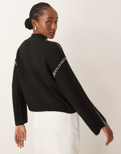 Knitted High Neck Jumper With Contrast Stitch Detail
