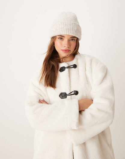 Collarless Faux Fur Duffle Jacket