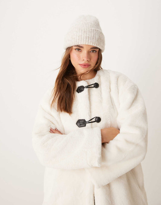 Collarless Faux Fur Duffle Jacket