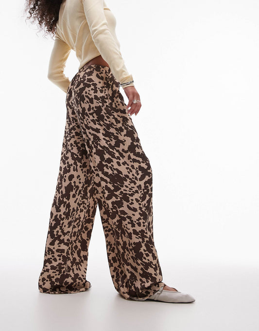 Cow Print Satin Tie Waist Trouser