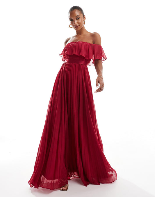 Pleated Chiffon Off Shoulder Maxi Dress