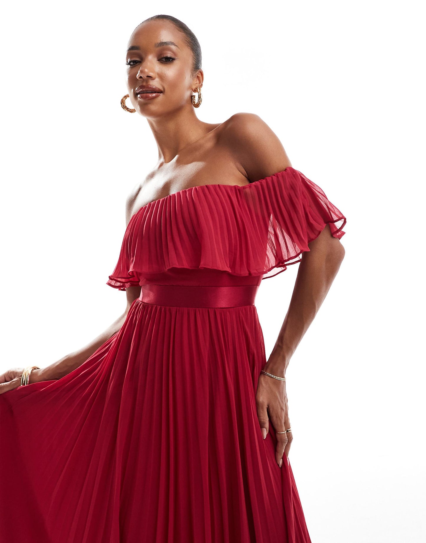 Pleated Chiffon Off Shoulder Maxi Dress