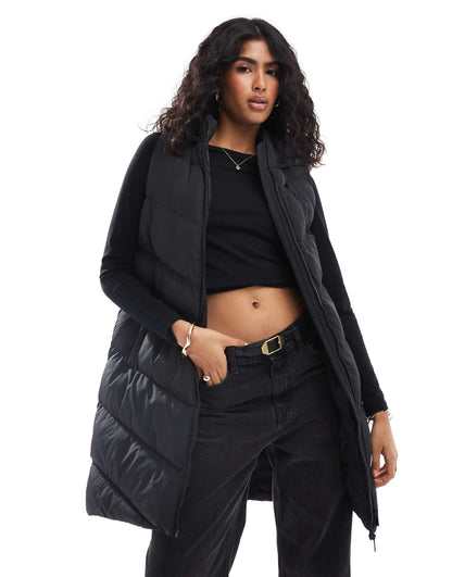 Chevron Quilted Puffer Longline Gilet