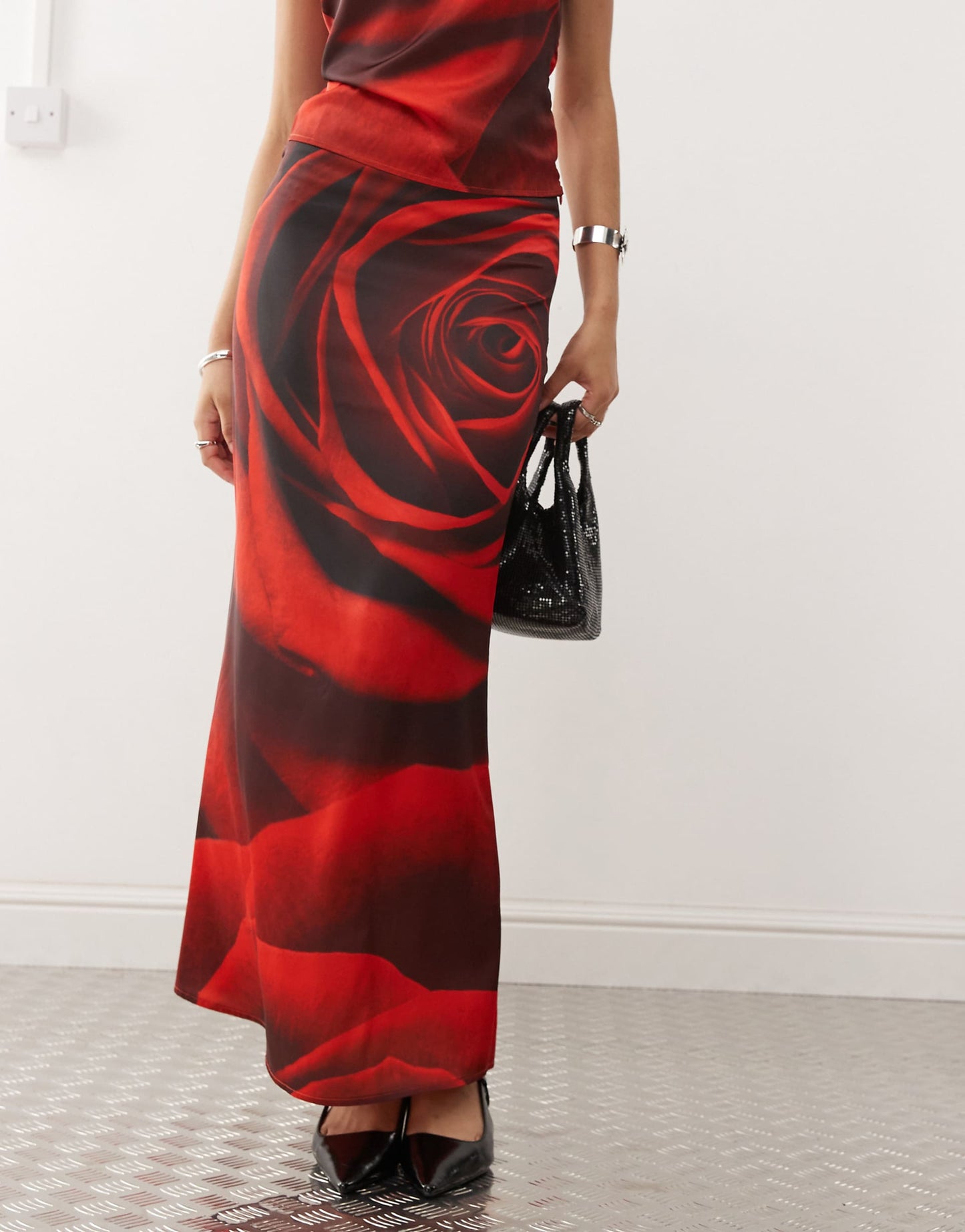 Rose Print Satin Midi Skirt Co-Ord