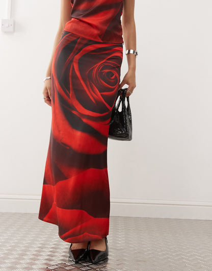 Rose Print Satin Midi Skirt Co-Ord