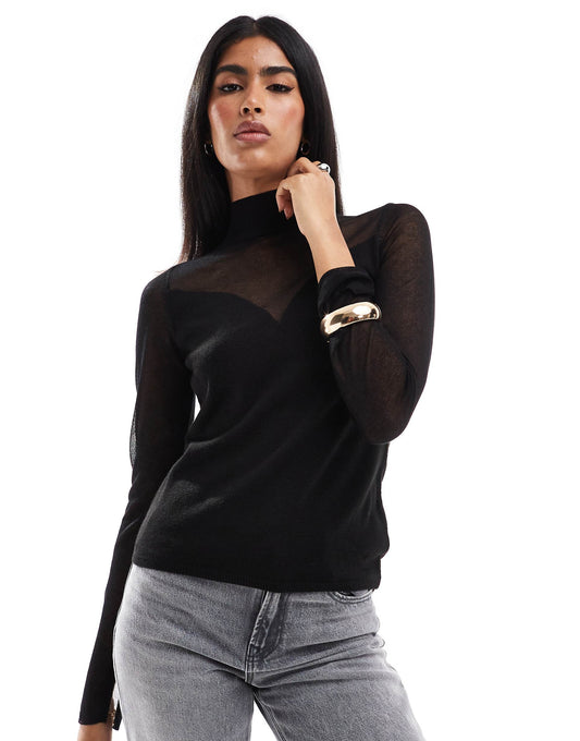 Knitted Sheer And Solid Sweetheart Neck Top