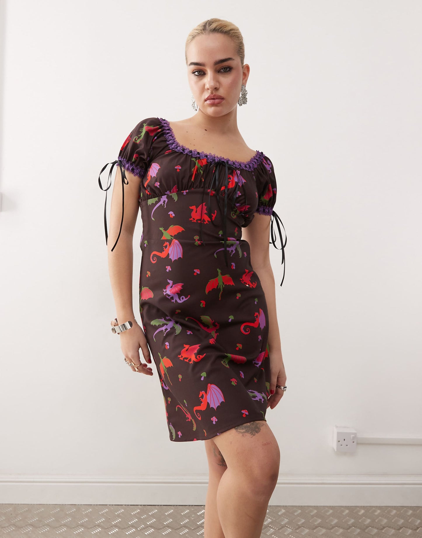 Dragon Print Ribbon Detail Midi Dress